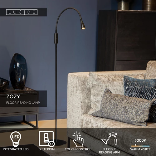 Lucide ZOZY - Floor reading lamp- LED 3 StepDim - 1x4W 3000K - Black - USP